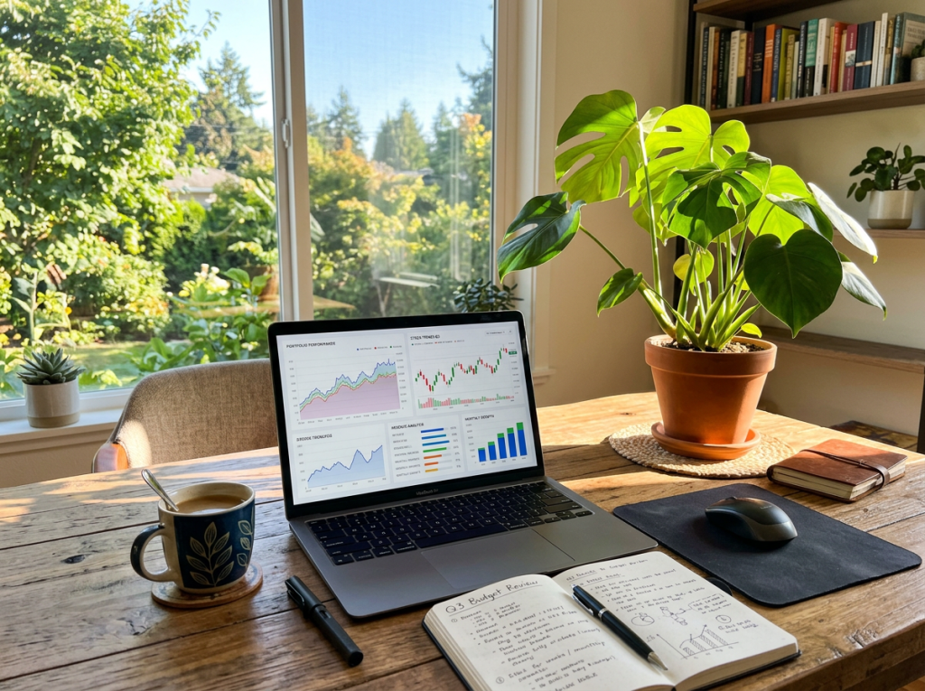 Laptop showing financial charts on a wooden desk with coffee cup, plant, and notebook